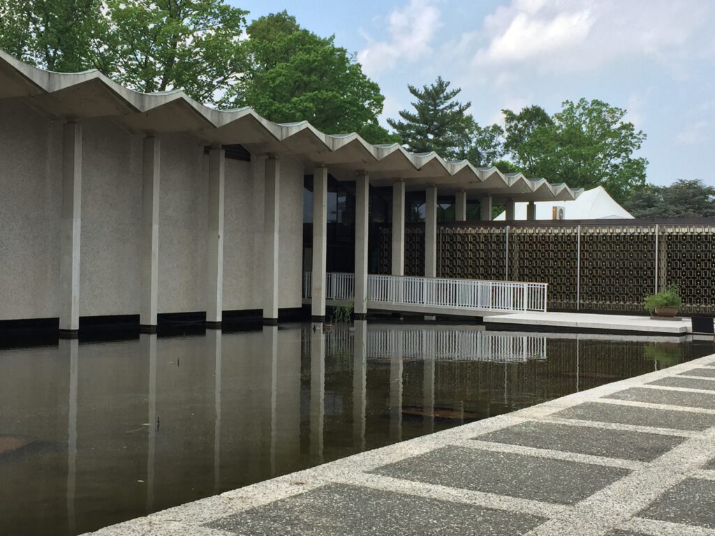 The Arboretum’s administration building is normally surrounded by aquatic plantings.