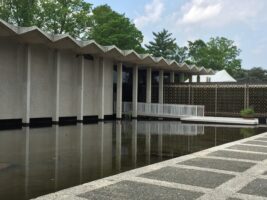 The Arboretum’s administration building is normally surrounded by aquatic plantings.