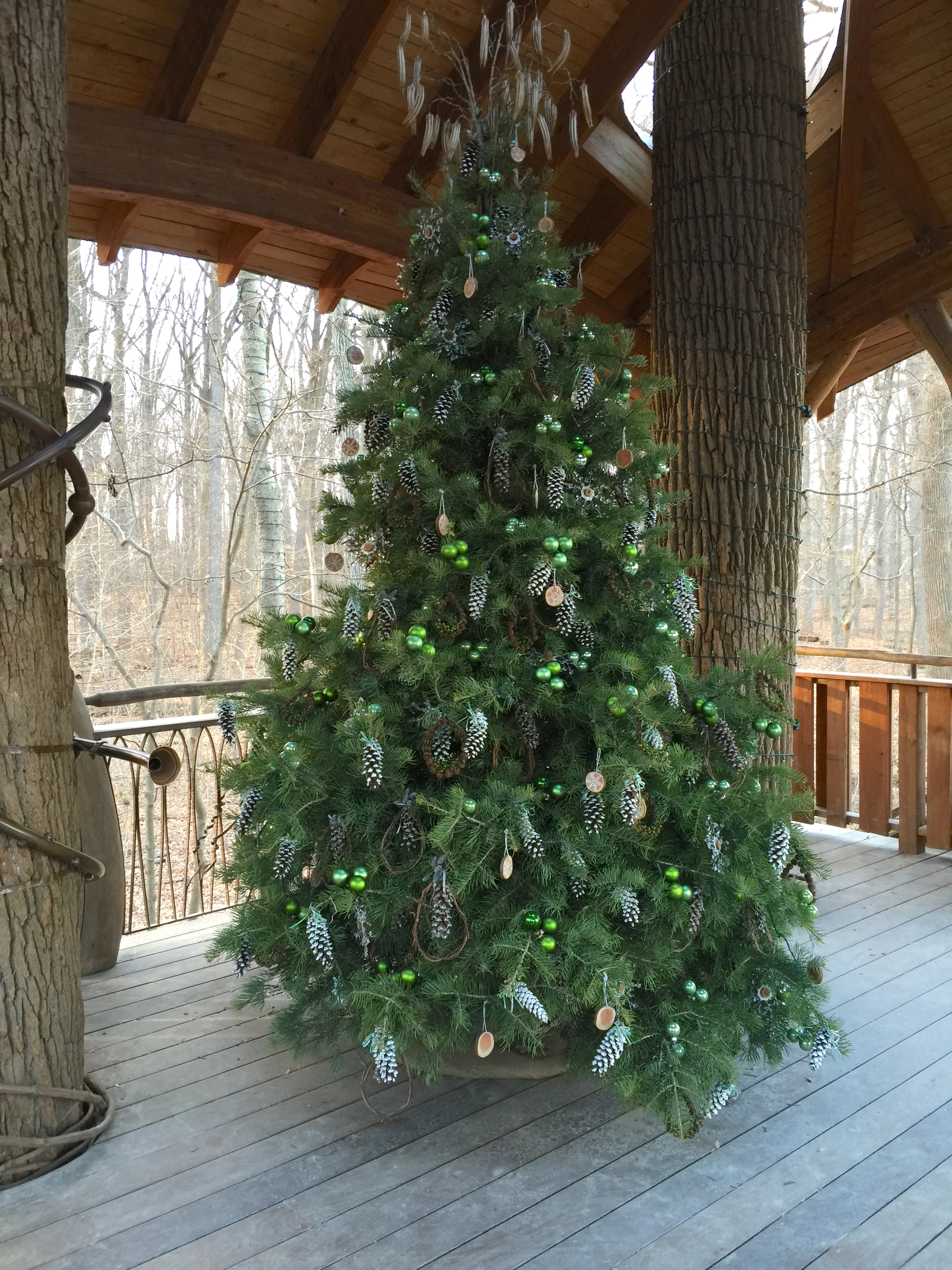 Christmas tree in Lookout Loft treehouse with ornaments from nature.