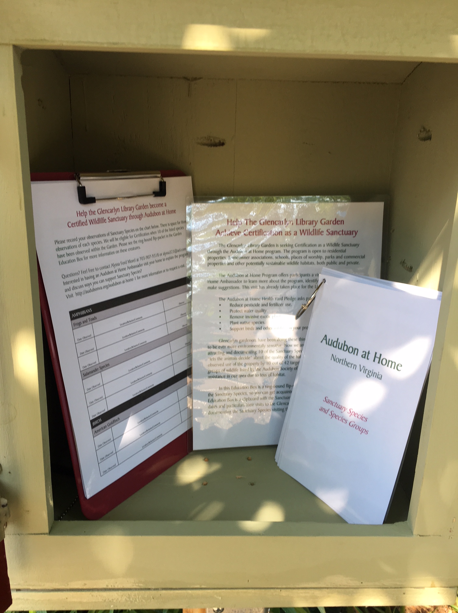 Glencarlyn Library Community Garden Education Box checklist and information materials.
