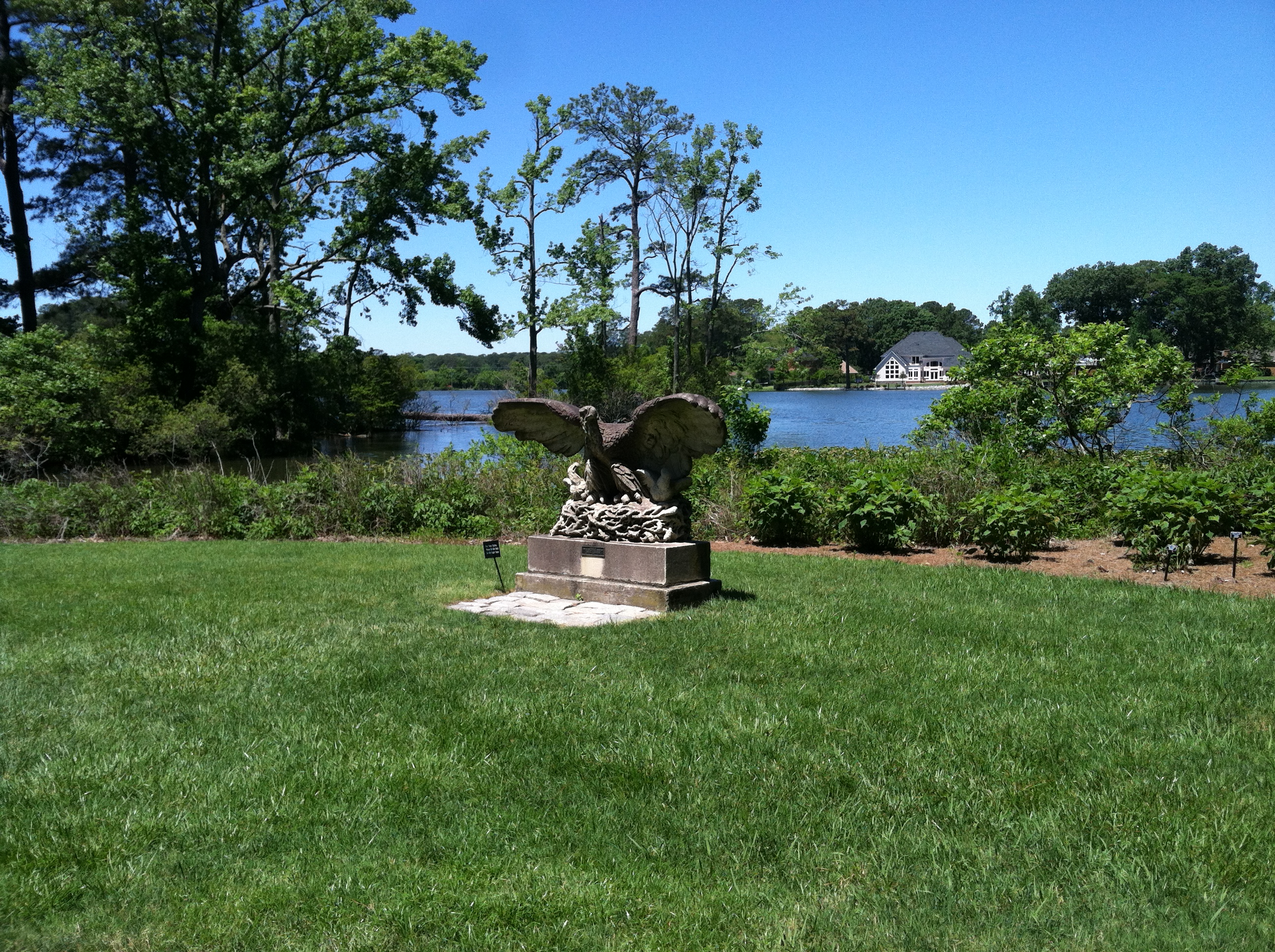 Eagle sculpture near Whitehurst Lake honors the bonded pair who raised many eaglets over the years. Photo © 2013 Alyssa Ford Morel.