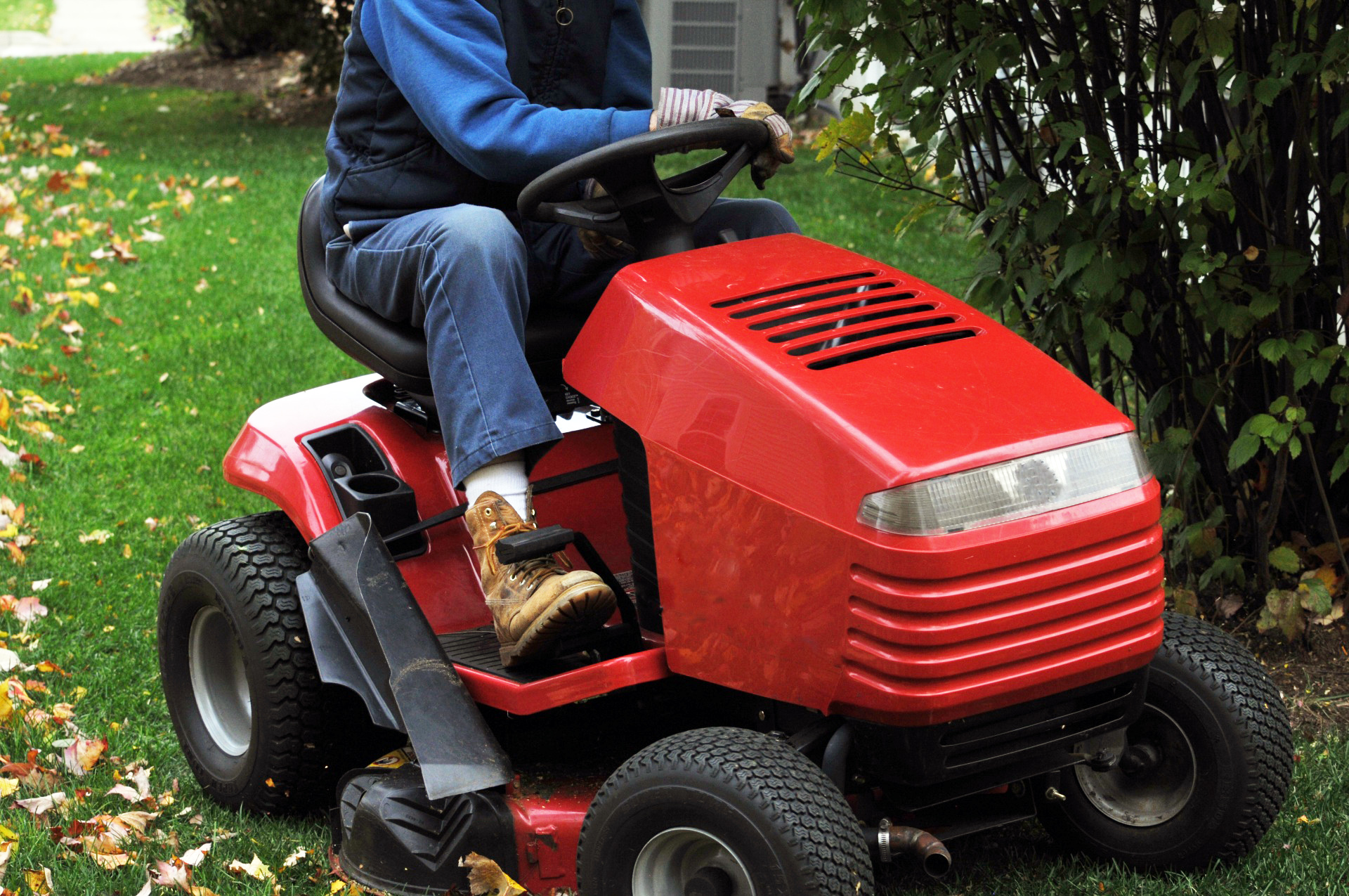 Both push mowers and riding mowers can severely damage roots and bark when they get too close to trees and shrubs. Photo by Linnaea Mallette, Public Domain Pictures