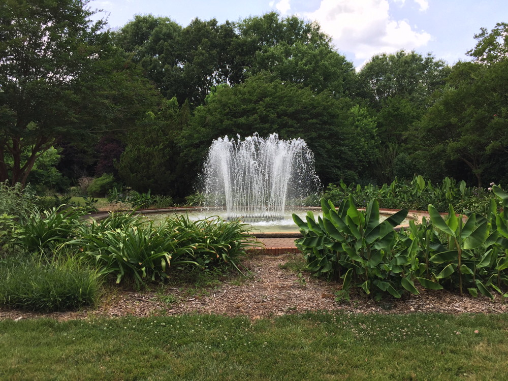 This fountain in the Crown Garden is one of many throughout the landscape.