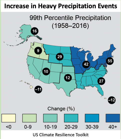 Map indicating increase in heavy precipitation events