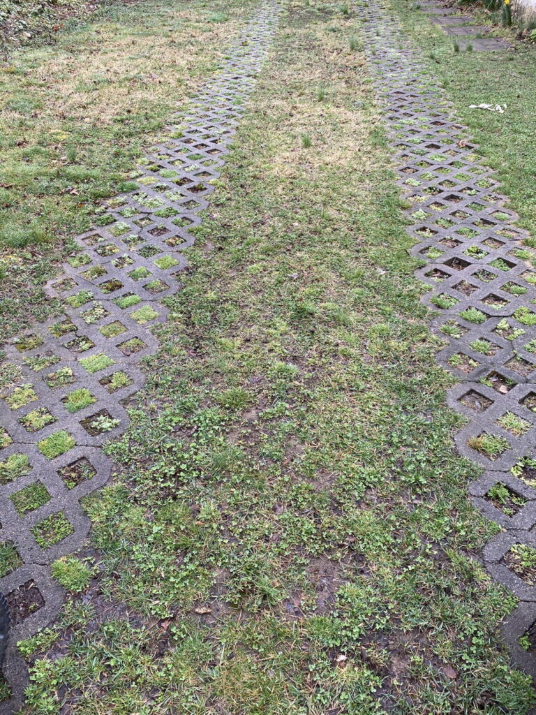 Permeable drive strips replace impervious paved driveways.