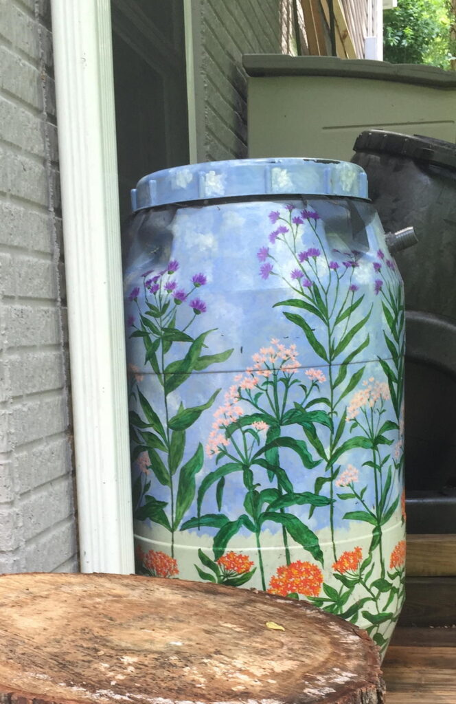 Rain barrels can be decorative elements in a garden