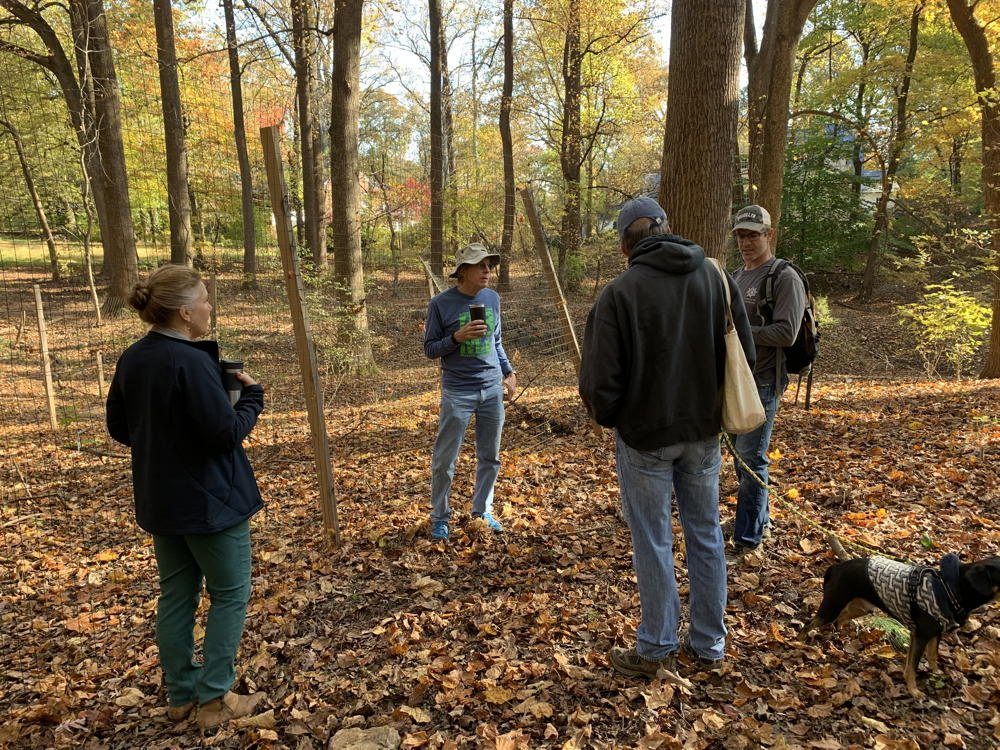 Rachael Tolman, Steve Young, Bill Browning, and Jeff Elder at damaged Arlington, VA Gulf Branch Park deer exclosure.