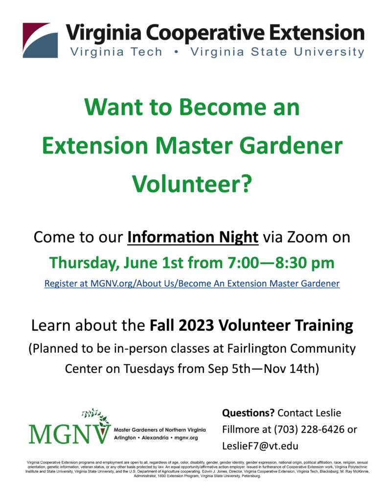 Want to Become an Extension Master Gardener Volunteer?
Come to our Information Night via Zoom on Thursday, June 1st from 7:00—8:30 pm
Register at MGNV.org/About Us/Become An Extension Master Gardener
Learn about the Fall 2023 Volunteer Training (Planned to be in-person classes at Fairlington Community
Center on Tuesdays from Sep 5th—Nov 14th)
Questions? Contact Leslie Fillmore at (703) 228-6426 or LeslieF7@vt.edu
