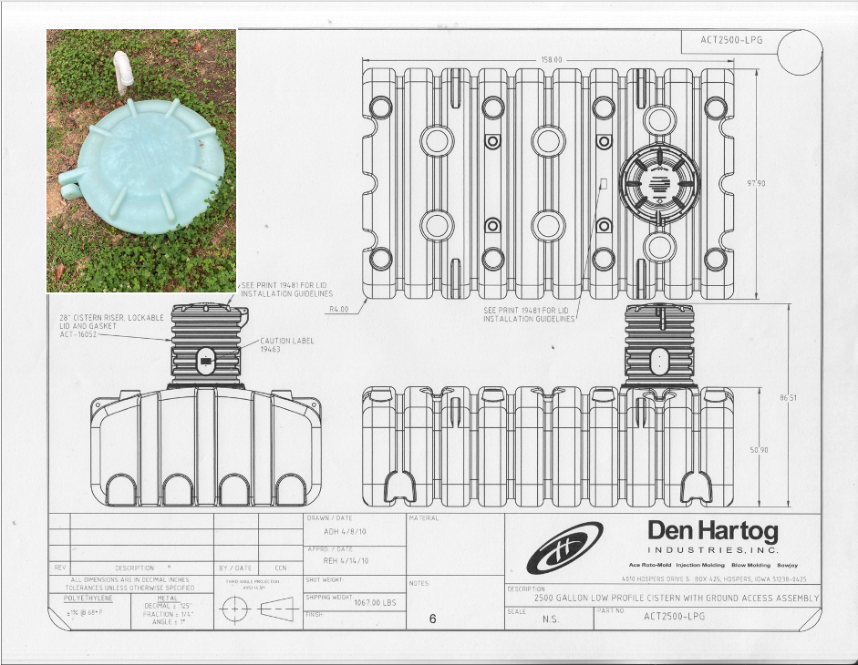 Drawing of underground cistern with inset of above-ground cistern cover.
