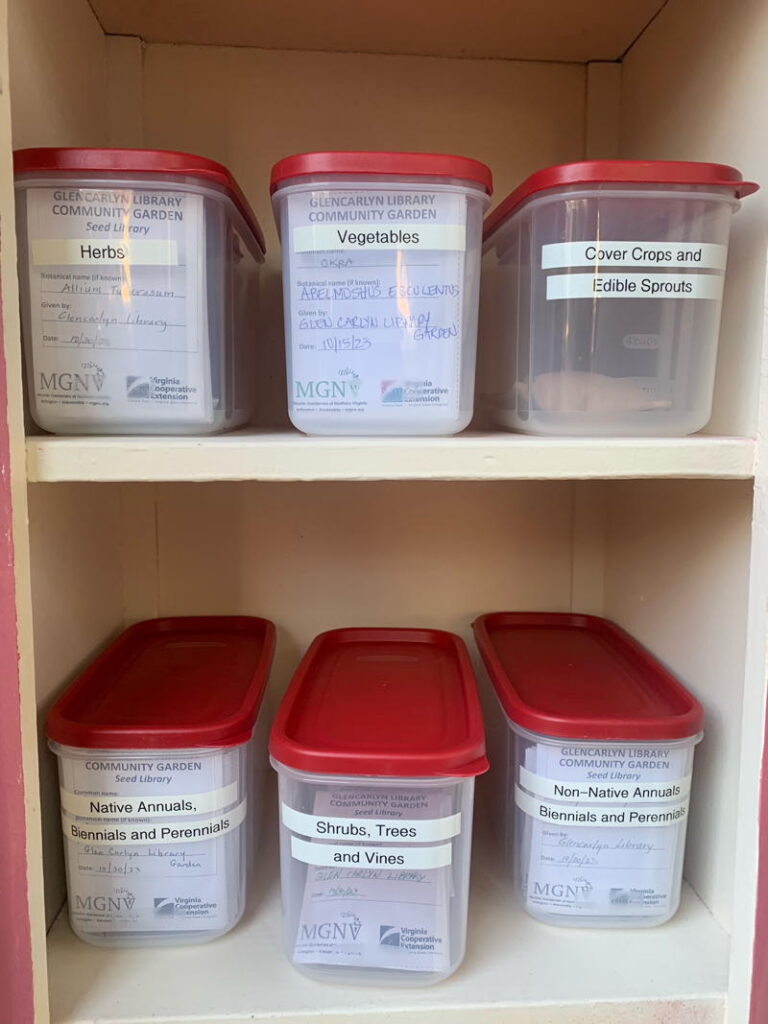 Seed library packets in bins in locker.