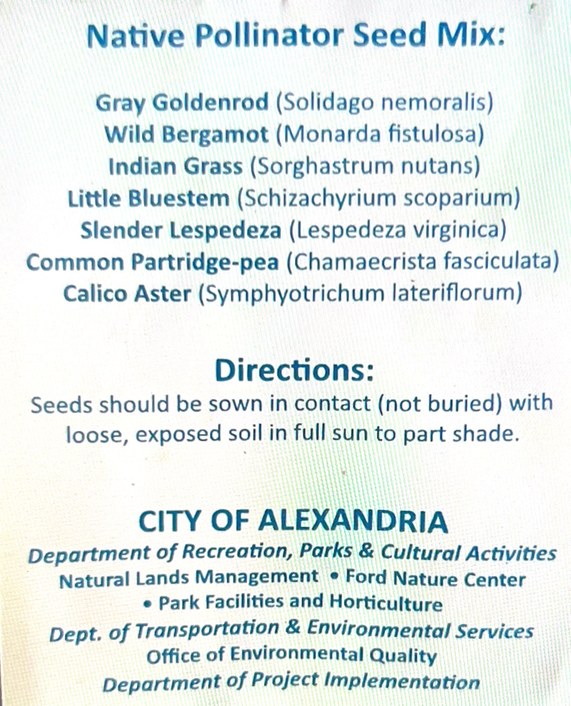 sign reflecting native pollinator seed mix at Simpson