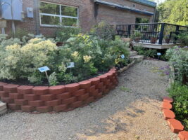 Keystone bricks garden bed and pea gravel walk ways.