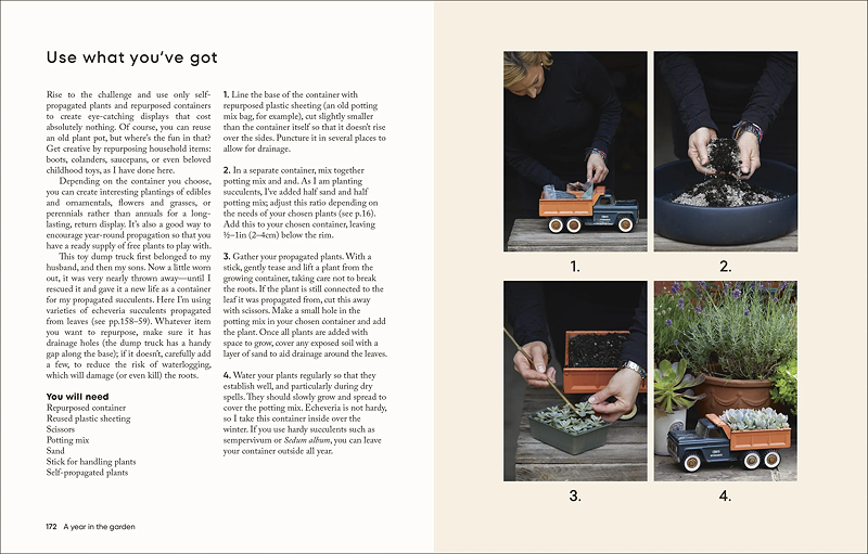 Two page spread with photos and instructions on how to repurpose containers