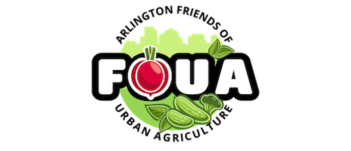 Logo of Arlington Friends of Urban Agriculture (FOUA) featuring a red radish and green vegetables against a stylized city skyline backdrop.