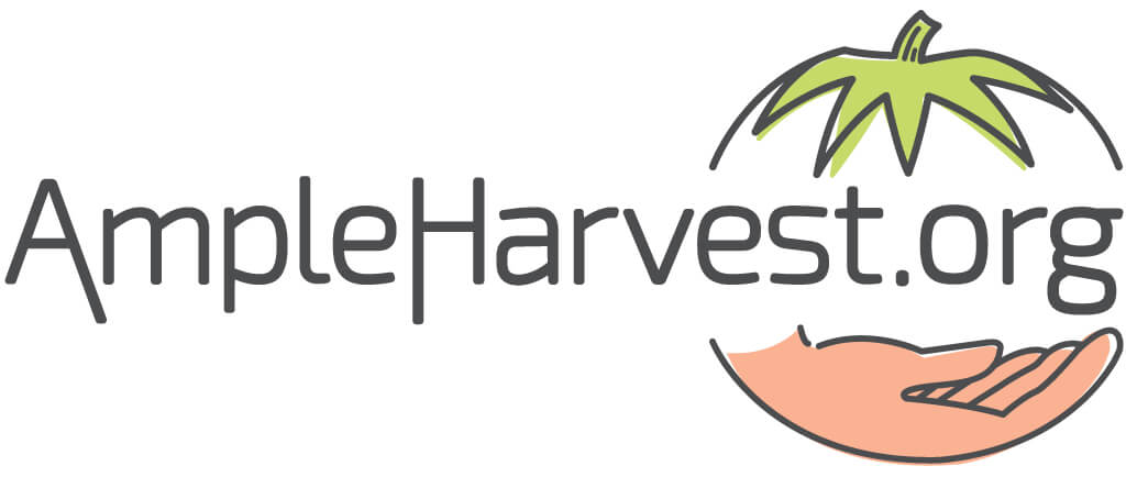 Logo of AmpleHarvest.org featuring a tomato and a hand, promoting food donation.