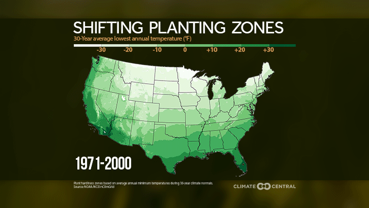 animated map showing Changes in planting zones