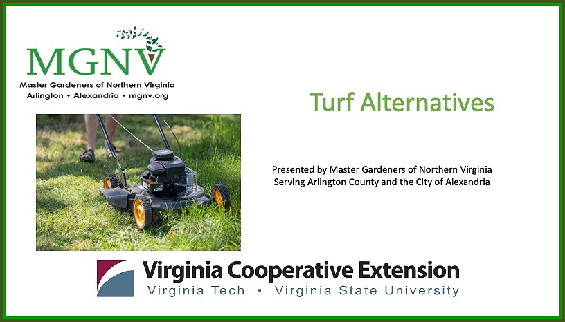 Promotional image for a presentation on turf alternatives by Master Gardeners of Northern Virginia, featuring a lawn mower on grass.