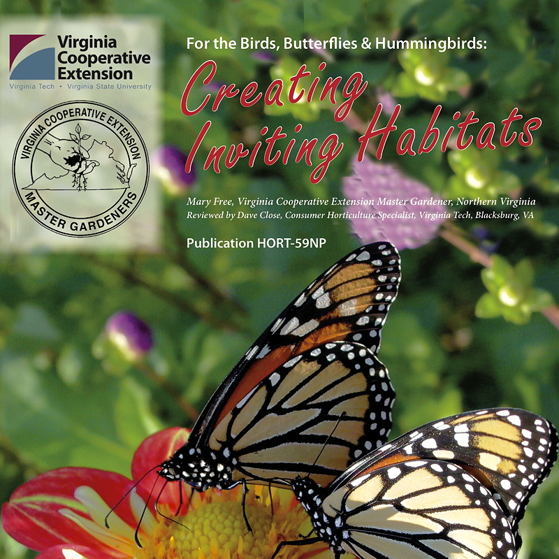 Cover image of a publication titled 'Creating Inviting Habitats' featuring a butterfly on a flower, with the Virginia Cooperative Extension logo and publication details.