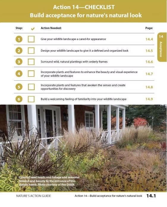 Checklist for building acceptance for nature's natural look with actions to enhance wildlife landscapes.