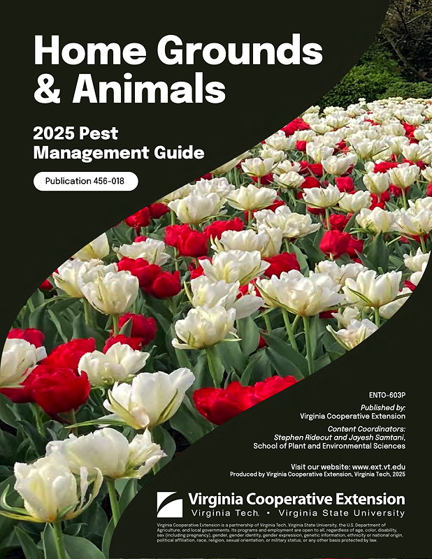 Cover image of the 'Home Grounds & Animals 2025 Pest Management Guide' featuring a vibrant flower bed with red and white tulips.