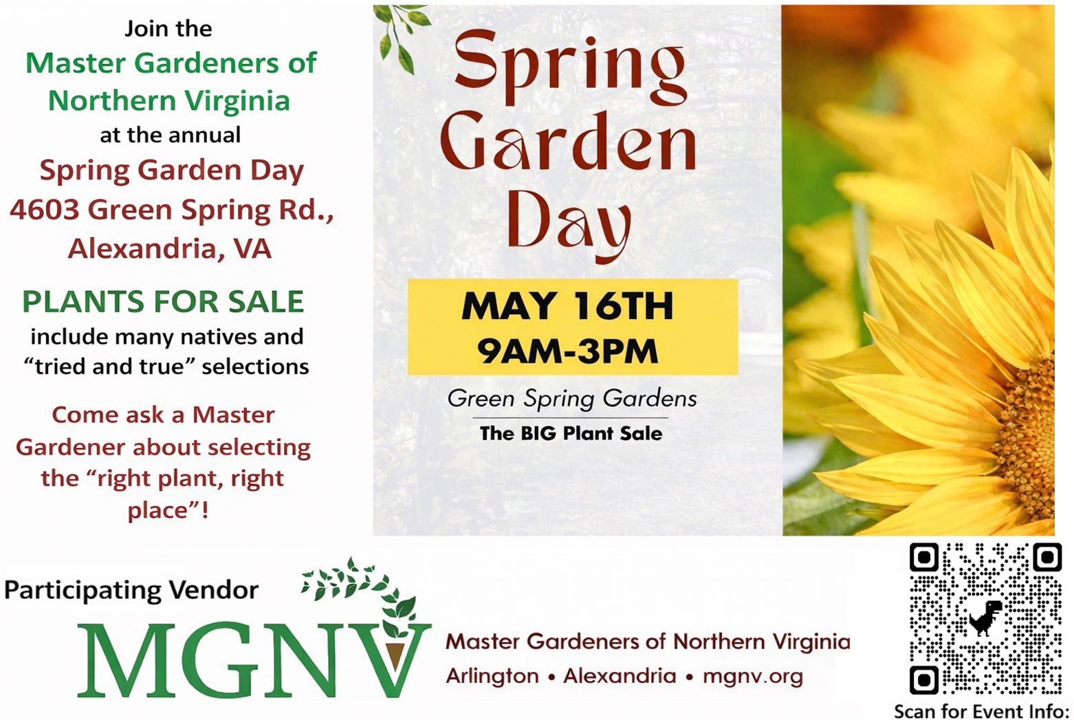 Promotional flyer for Spring Garden Day hosted by Master Gardeners of Northern Virginia, featuring event details such as date, time, and location, along with information about plants for sale and a QR code for more information.