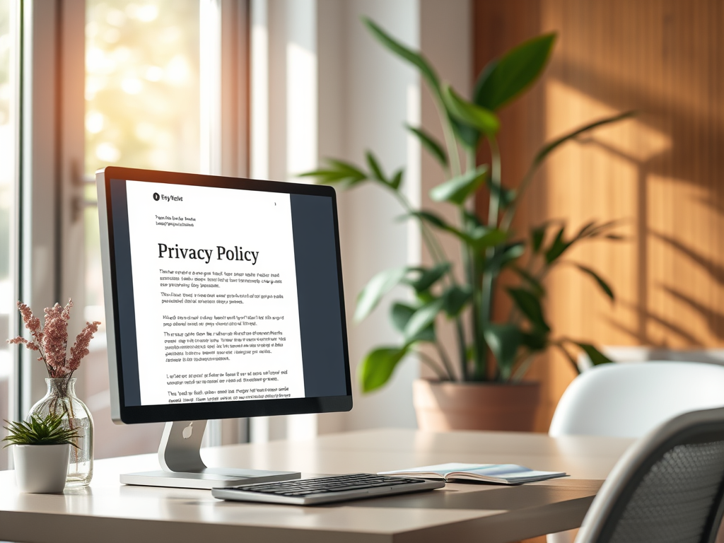 A computer monitor displaying a privacy policy document on a desk, with a potted plant and flowers in the background, illuminated by natural light.