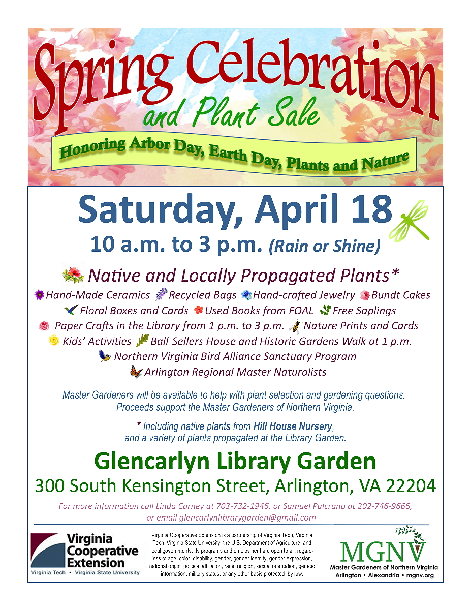 Promotional poster for a Spring Celebration and Plant Sale at Glencarlyn Library Garden on April 18, featuring various activities, local plants, and vendors.