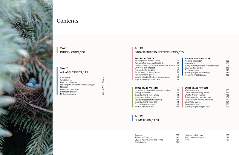 Table of contents for a bird-friendly gardening guide, featuring sections on introduction, bird basics, and various garden projects for different spaces.