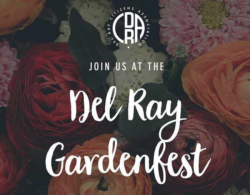 Colorful floral arrangement with text inviting to the Del Ray Gardenfest event.