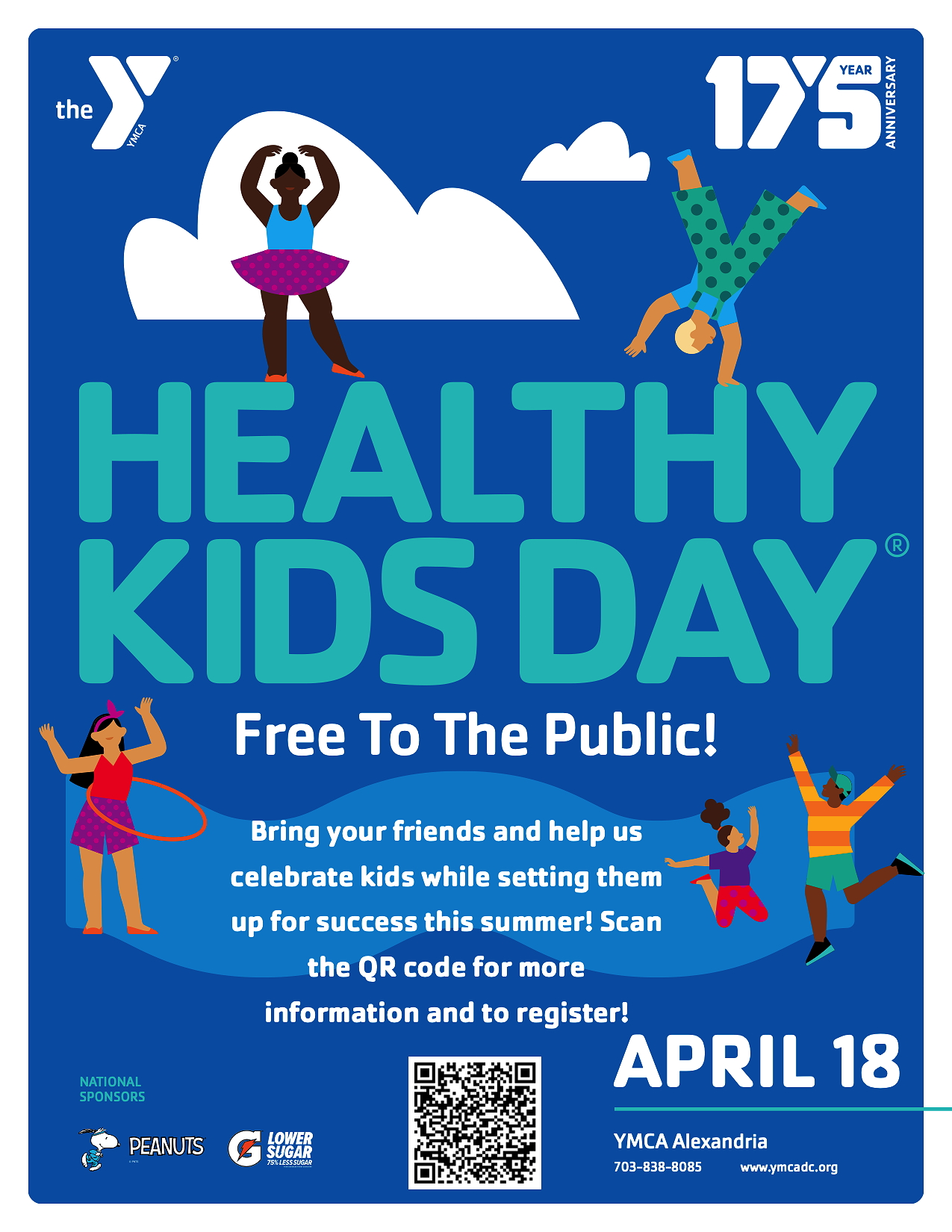 A colorful promotional flyer for Healthy Kids Day hosted by the YMCA, featuring illustrations of children playing and being active. The event is free to the public, scheduled for April 18, and encourages community participation. A QR code is included for more information and registration.