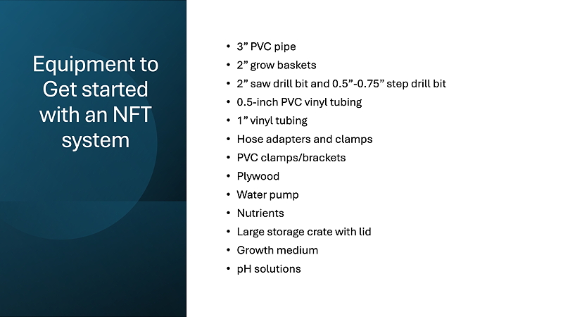List of equipment needed to start an NFT (Nutrient Film Technique) hydroponic system, including PVC pipes, grow baskets, tubing, and growing materials.
