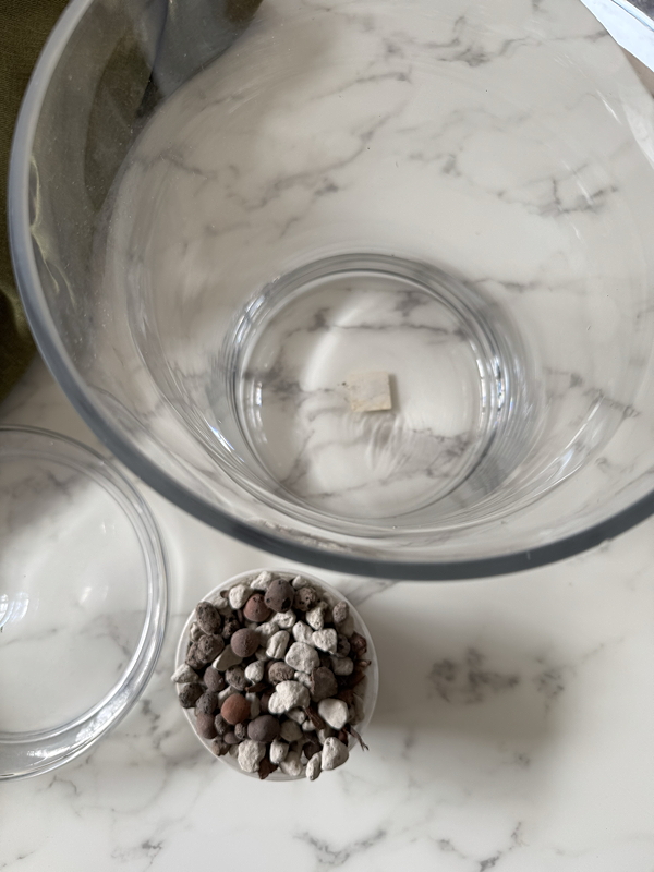 glass jar with cup of LECA pebbles on the side