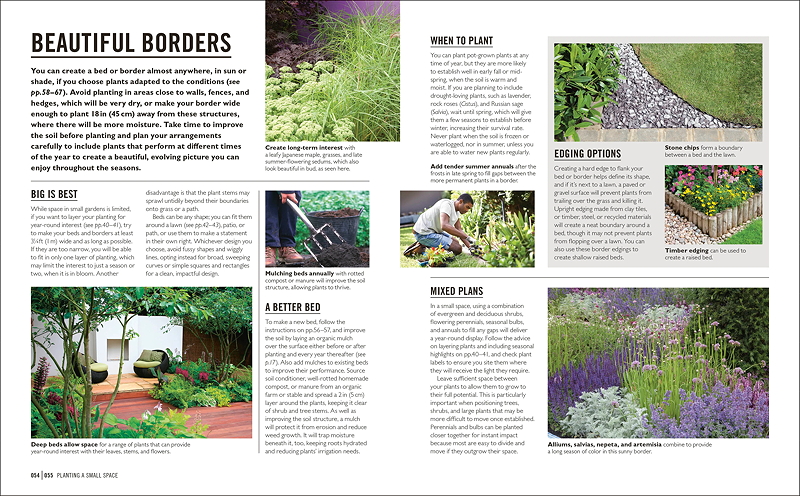 An informative page titled 'Beautiful Borders' featuring tips on garden design, including planting borders, selecting plants, and creating garden layouts.