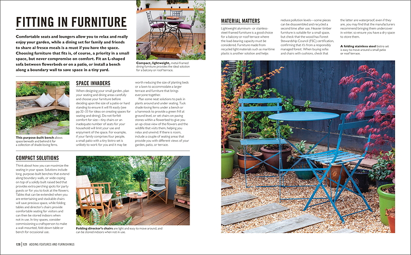 A page spread titled 'Fitting in Furniture' featuring tips for outdoor seating arrangements, showcasing compact and lightweight furniture ideas, including a blue bistro table and chairs surrounded by plants, with an emphasis on space efficiency and material matters.
