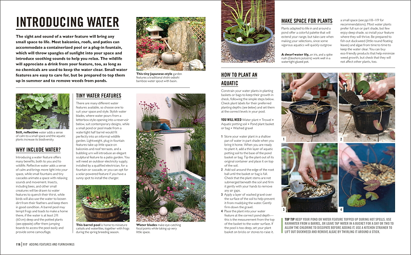 Page featuring tips on introducing water features into small spaces, including a Japanese-style garden with a water basin and various plants.