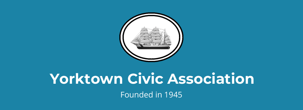 Logo of the Yorktown Civic Association featuring a ship, with the text 'Yorktown Civic Association' and 'Founded in 1945' on a blue background.